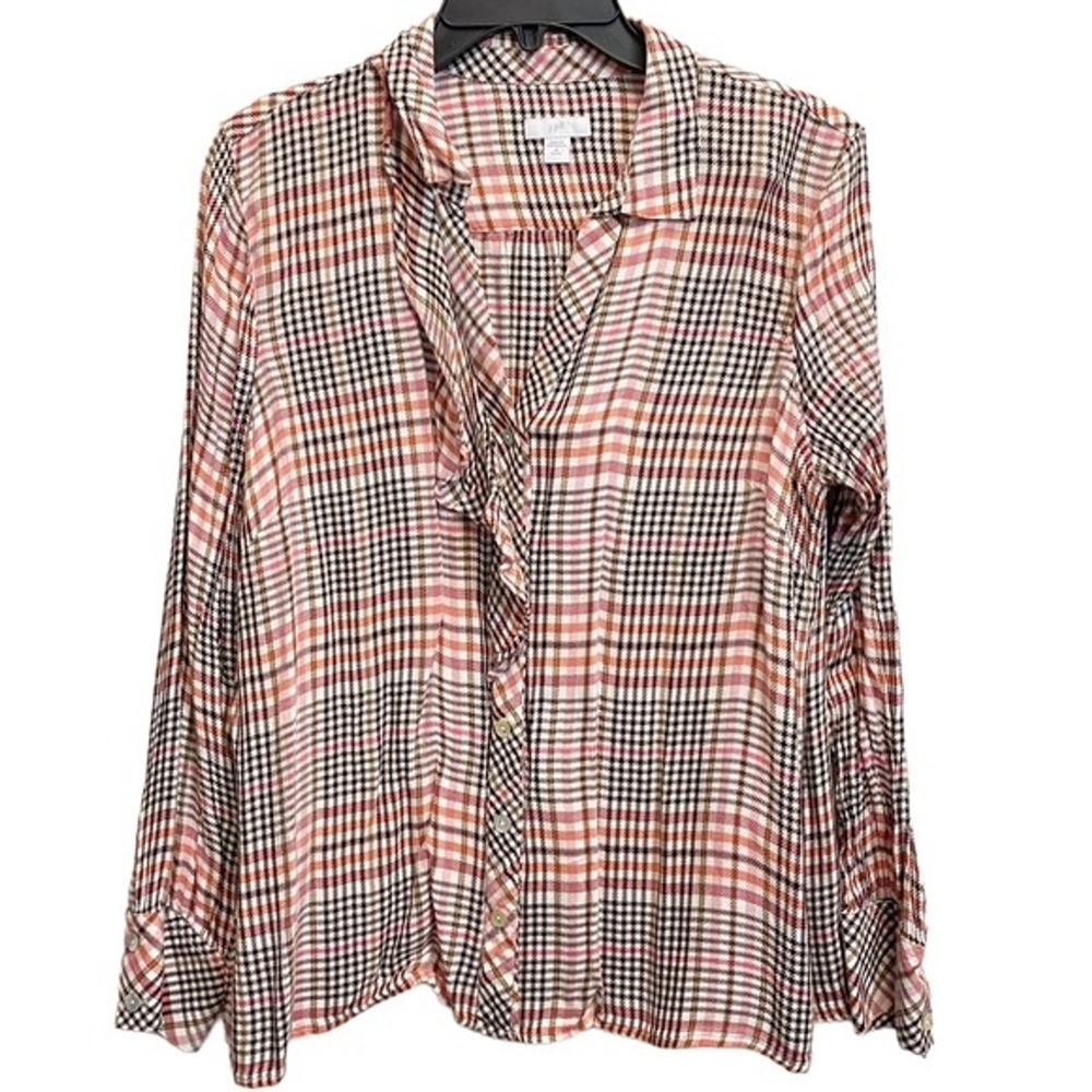 J.Jill Med Petite Plaid Ruffle Long Sleeve MOP Mother of Pearl Button-up Shirt